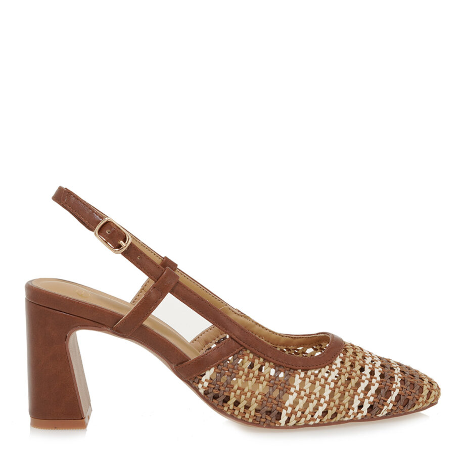 Γυναικεία πέδιλα slingback μπεζ ταμπά με ψηλό χοντρό τακούνι  exe 2514-2506 U470V506472M
