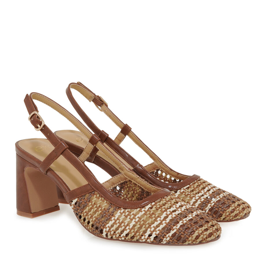 Γυναικεία πέδιλα slingback μπεζ ταμπά με ψηλό χοντρό τακούνι  exe 2514-2506 U470V506472M