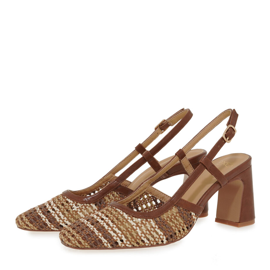 Γυναικεία πέδιλα slingback μπεζ ταμπά με ψηλό χοντρό τακούνι  exe 2514-2506 U470V506472M